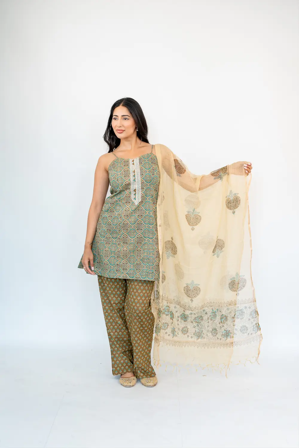 PRINTED BACKLESS 3 PIECE SUIT - BROWN