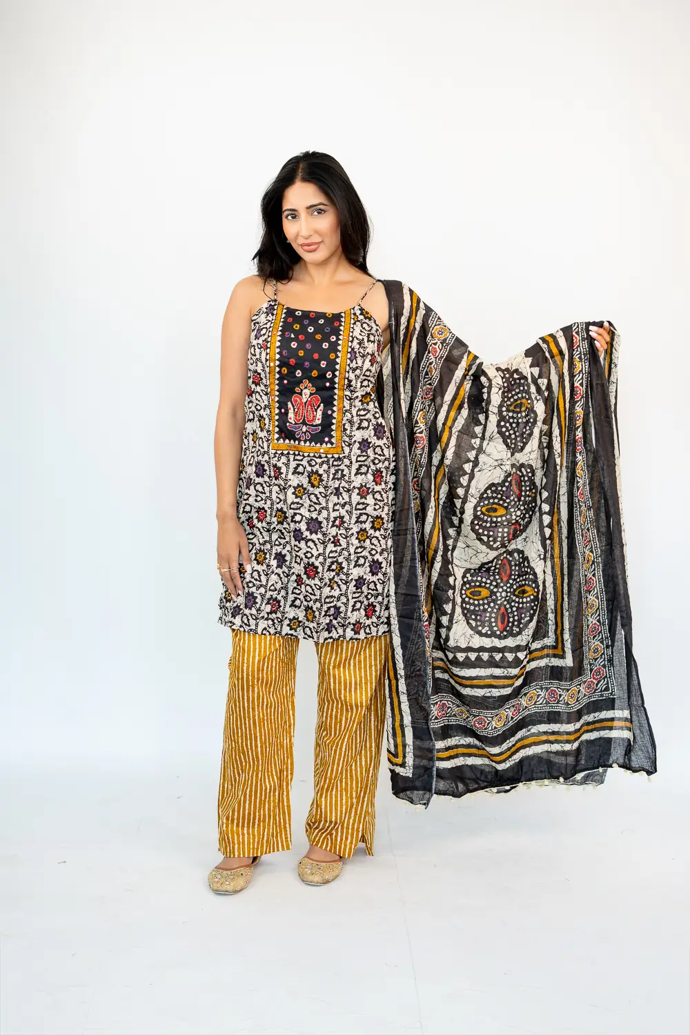 PRINTED BACKLESS 3 PIECE SUIT - BLACK